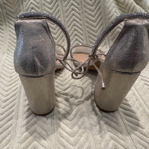 Worn ONCE - Copper Key Rhinestone Women's 4" Block Heel Sandals Size 9 Tie Ankle - Picture 5 of 10